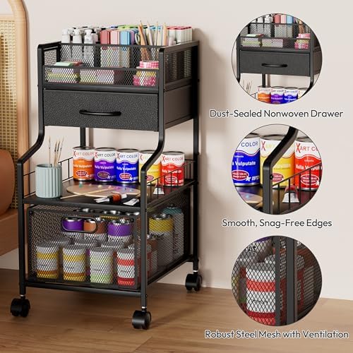 Under Desk Storage Cart- Art Storage Cart with Drawers & DIY Divider - Office Cart Organizer Under Desk Shelf, Craft Rolling Cart for Office, Craft Room & Studio Black - Image 6