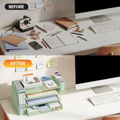 4-Tier Desk File Organizer with Drawer & Pen Holder (Green) - Image 6