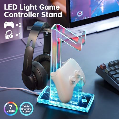 NiHome Controller Holder & Headphone Stand, LED Acrylic 2-Tier Gaming Desk - Image 2
