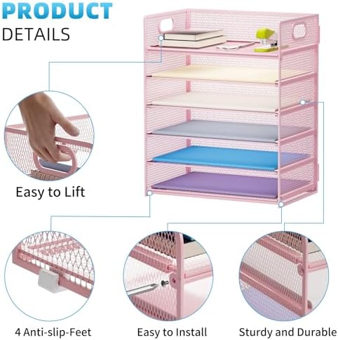 Marbrasse 2 Pack Desk Organizer with Handle, 6 Tier Paper Letter Tray, Mesh Desk File Organizer for Office, School and Home - Pink - Image 2