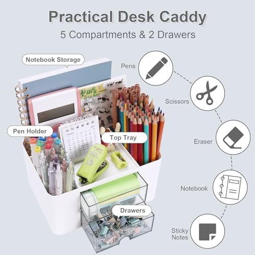 Plastic Pen Organizer, Multifunctional Desk Organizer with 2 Drawers, 4 Compartments & a Top Tray, Pencil Holder Desktop Organizers and Accessories for Office, 7.7" x 5.5" x 3.9" (White) - Image 3