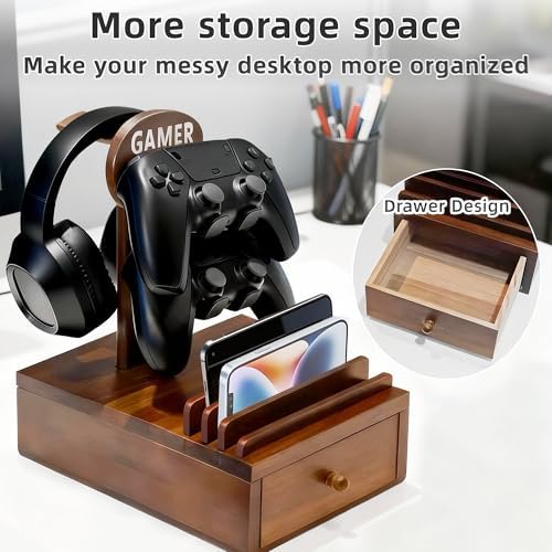 Gamer Controller Holder Headphone Stand with Storage Drawer for Gaming Equipment,Wood Gamer Gifts for Teenage Boy,Headpset Stand Gaming Desk Accessories for Fathers Day Men,Son,Husband - Image 2