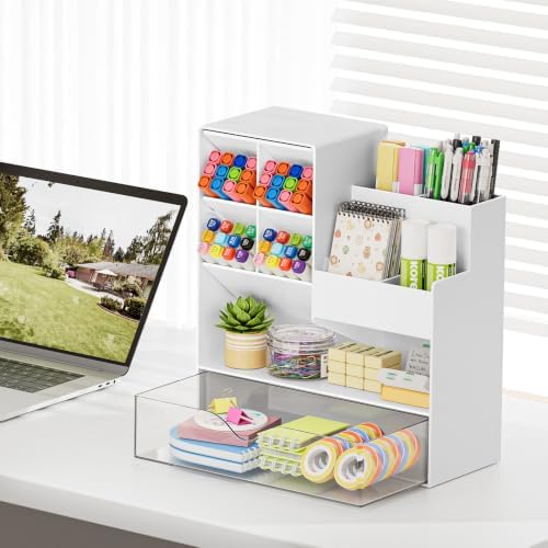 Marbrasse Plastic Pen Holder for Desk, Multi-Functional Desk Organizer Pencil Holder with Drawer, Desk Organizers and Accessories for Office Art Supplies(White) - Image 4