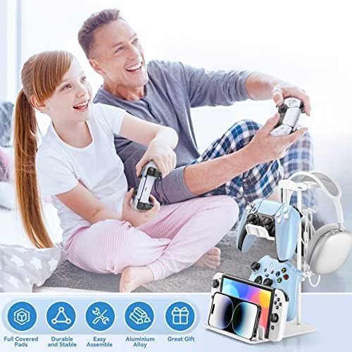 KDD Headphone Stand, Controller Holder & Headset Holder for Desk, Earphone Stand with Aluminum Supporting Bar, Universal Storage Organizer Headphones/Controller/Switch/Mobile Phone(White) - Image 6