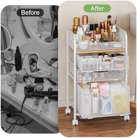 Makeup Organizer Cart with Drawers, Floor Skincare Organizers Make Up Organizers Vanity Organizer Cosmetic Display Cases Holder for Skin Care Perfume Nail Polish Brush Hair Tool, White - Image 5