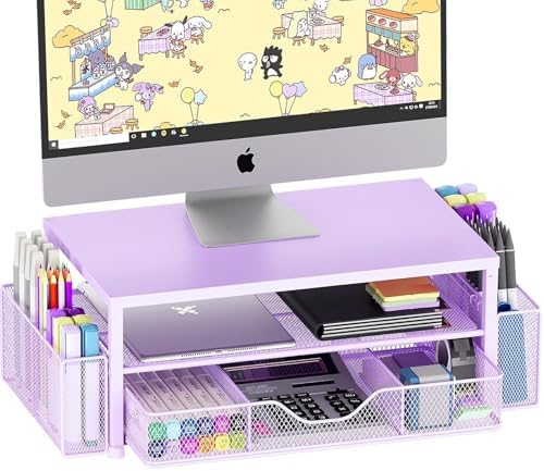 Desk Organizer and Accessories, 2-Tier Computer Monitor Stand Riser with Drawer and 2 Pen Holders, Laptop Stand, Office Desk Accessories for Office Supplies, Purple by OPNICE