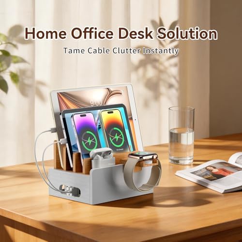 Bamboo Charging Station with USB Charger&Cables-Natural+White - Image 6