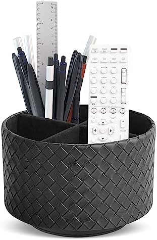 Round Leather Art Supply Organizer,Remote Control Holder,360 Degree Spinning,Multi-Functional Pencil Holder,4 Compartments Desktop Stationary Organizer(1-Weave Black) by Hennaja
