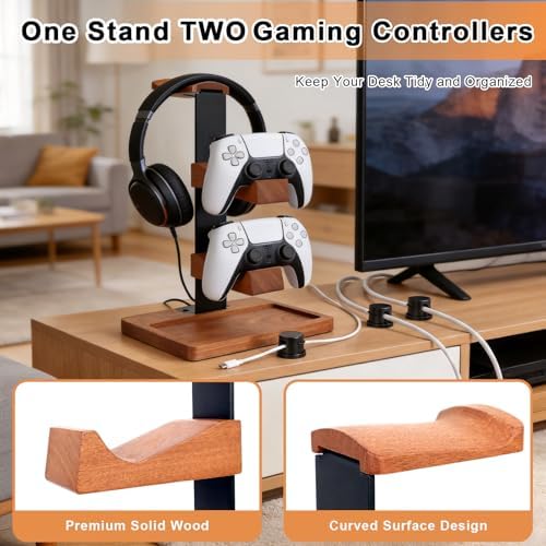 Headset Stand with Dual Controller Holder, Solid Wood - Image 2