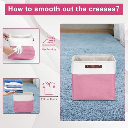 13x13 Cube Storage Bins, Collapsible Fabric Storage Box, 4 Pack Closet Baskets with Handles for Organizing, Shelf, Toys, Clothes, Home, Office, Nursery (Pink&White) - Image 6