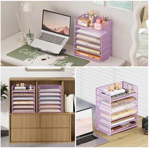 6-Tier Desk Paper Organizer, Desktop File Letter Tray with Handle, Document Sorter and Accessories Holder for Office, Home and School Workspace Organizers, Purple-2 Pack - Image 3