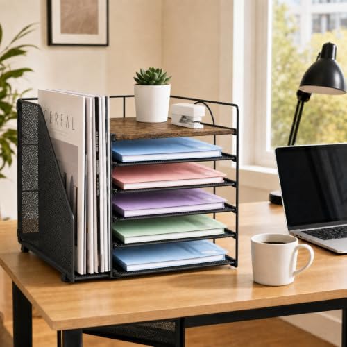 Desk Organizers and Accessories, 5-Tier Paper Letter Tray Organizer with File Holder, Desktop Organizer for Office Supplies (Wood) - Image 3