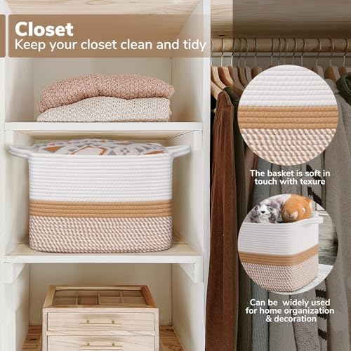 Goodpick Woven Storage Basket for Shelves, 13" x 10" x 9", White & Camel - Image 5