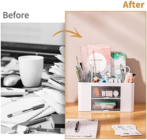 Marbrasse Pen Organizer with 2 Drawer, Multi-Functional Pencil Holder for Desk, Desk Organizers and Accessories with 5 Compartments + Drawer for Office Art Supplies (White) - Image 7