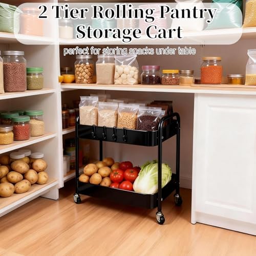 2 Tier Short Rolling Cart with Wheels for Under Desk Storage & Panrty Floor Organizer, Large Capacity Metal Kitchen Utility Cart, Sturdy Makeup Organizer for Small Space with 4 Hooks, Black - Image 2
