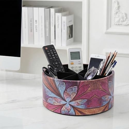 Remote Control Holder, 360°Spinning PU Leather Desk TV Remote Caddy,Desk Storage Box Room Accessories for Controller, Media,Mail,Calculator, Mobile Phone,Pencil(1B-Purple Flower) - Image 6