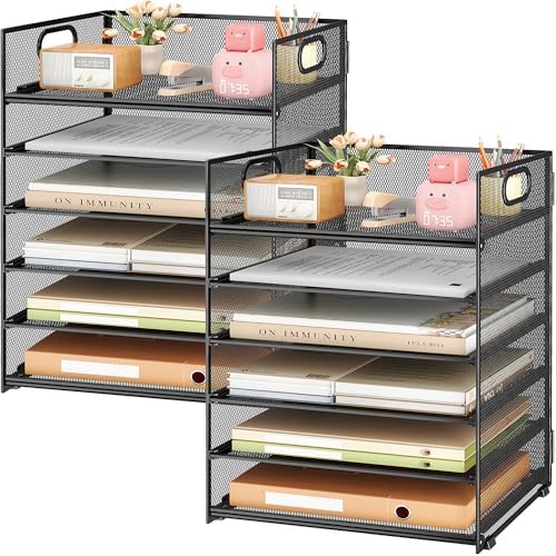 2-Pack 6-Tier Paper Tray Organizer for Desk - Black Mesh File Folder Sorter with Handles, Desk Letter Holder for Office, Home, School Supplies Storage & Organization by SUBEKYU