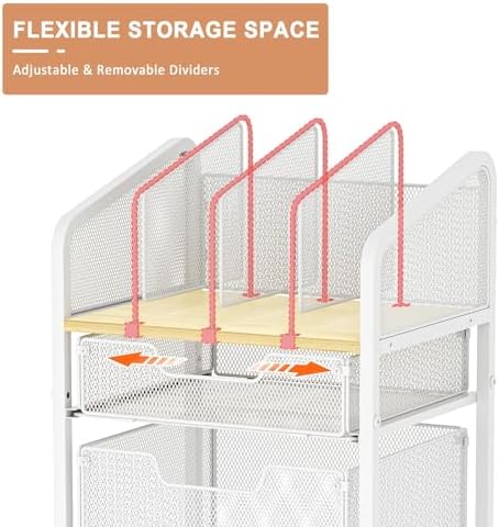 Rolling File Cabinet with Adjustable Dividers, Mobile Filing Cabinet with 2 Storage Drawers on Lockable Wheels, Hanging File Organizer Beside Under Desk for Office, Home, White（Patent Pending） - Image 3