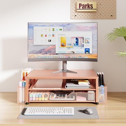 Desk Organizer and Accessories, 2-Tier Computer Monitor Stand Riser with Drawer and 2 Pen Holders, Laptop Stand, Office Desk Accessories for Office Supplies, Rose - Image 2