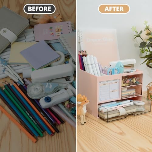 Multi-Functional Desk Organizer with 3 Drawer and 8 Compartments, Pink - Image 3