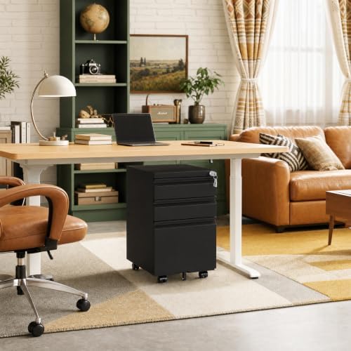 3 Drawer File Cabinet with Lock and Casters, Black - Image 7