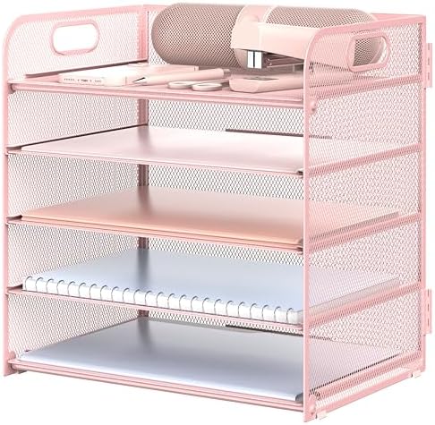 Letter Tray Paper Organizer 5-Tier Desk Organizer File Organizer Paper Holder with Handle, Metal Desktop Document Shelf Tray Office Classroom Organization - Pink, PK5CENGTISHOU by Sinboun