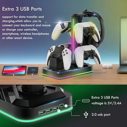 PS5 Controller Charger with Headphone Stand, RGB PS5 Controller Charging Station Dock with 3 USB Ports, Headset and Controllers Holder Stand for PlayStation 5 & DualSense Edge Controllers - Image 2