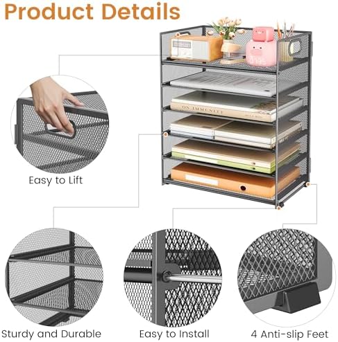 6 Tier Paper Organizer with Handle,Construction Teacher Desk Decor,Gray - Image 5