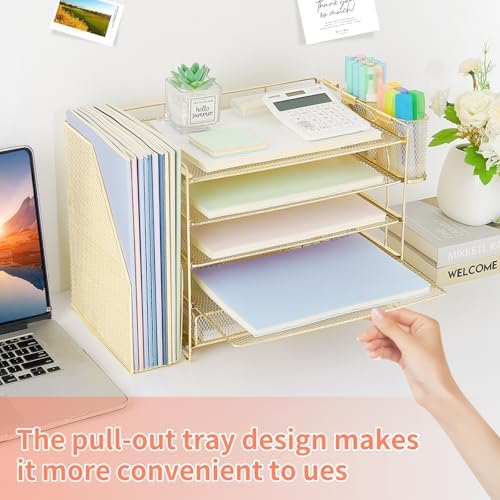 Desk Organizer, 5-Tier Desktop File Organizer with Drawer and Pen Holders, Office Desk Accessories, File Sorters, Workspace Organizers for Office Supplies(Gold) - Image 5