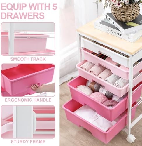 Utility Cart with Drawers,5 Drawers Storage Cart,Rose Pink - Image 4