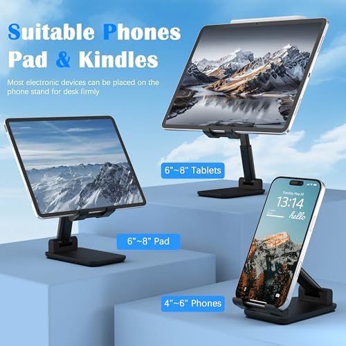Cell Phone Stand, Adjustable Angle and Height Cell Phone Holder for Desk, Foldable and Portable, Anti-Slip Silicone Pad, Compatible with All Mobile Phones and 4-8 Inch Devices, Black - Image 2