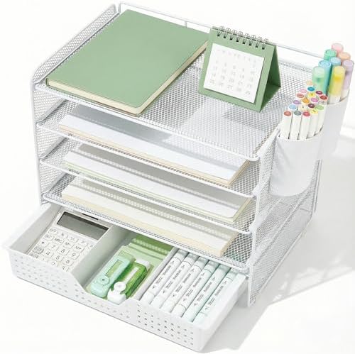 Desk Organizer and Accessories, 5-Tier Paper Letter Tray Organizer with Drawer & 2 Pen Holders for Desktop File Organization, Office Desk Accessories for Supplies Storage (White) by Stylishworkspaceeffortlessorganization