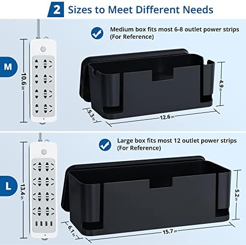 ZhiYo 2 Pack Cable Management Box, Medium & XL, Power Strip Organizer Black - Image 2
