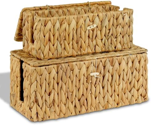 efluky Set of 2 Natural Water Hyacinth Cable Management Box, Hand-Woven Cord Organizer with 2 Open Slots, Decorative Cord Box to Hide Power Strip, USB Wires & Charger for Home & Office by efluky