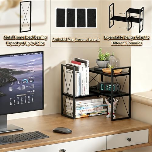 Expandable Desktop Shelf Organizer, 2 Tier Wood Desk Shelf for Office, Metal Corner Bookshelf, Countertop Storage Rack (Black) - Image 5