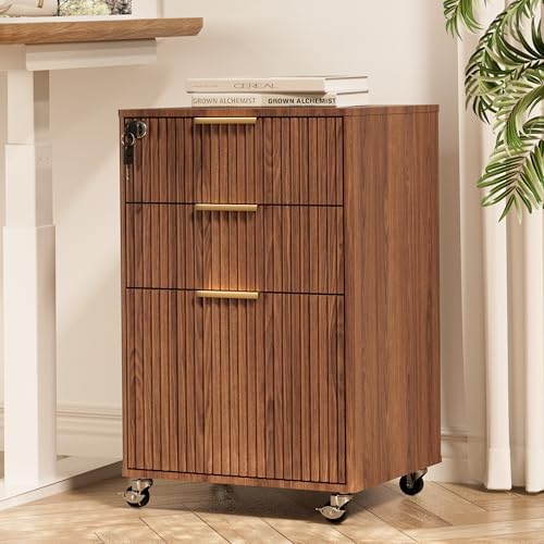 3 Drawers Fluted Mobile File Cabinet with Lock, Rolling File Cabinet Printer Stand Table, Under Desk Wooden Filing Cabinets for Home Office Essentials Storage Organization Furniture Letters/A4(Walnut) by INNODToddlerTower