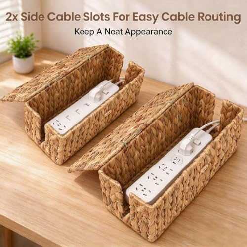 efluky Set of 2 Natural Water Hyacinth Cable Management Box, Hand-Woven Cord Organizer with 2 Open Slots, Decorative Cord Box to Hide Power Strip, USB Wires & Charger for Home & Office - Image 4