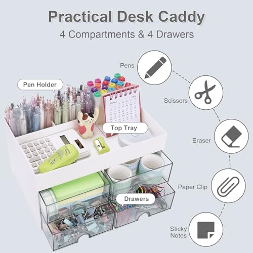 Desk Organizer, Office Organizer with Drawer, Desk Accessories & Workspace Organizers, Pen Holder Office Supplies for Desk (4 Drawers+4 Compartments, White) - Image 3
