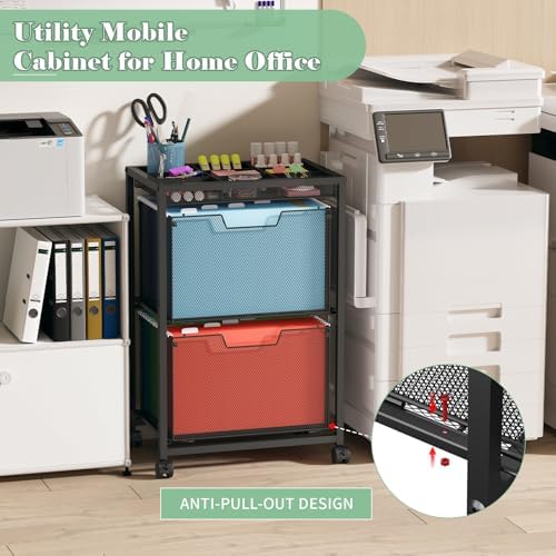 Rolling File Cart with 2 Drawers, Under Desk Storage Cabinet with DIY Divider, Letter/Legal Mobile Filling Cabinet on Wheels, Hanging File Folders Organizer, Metal Utility Cart for Home Office, Black - Image 5