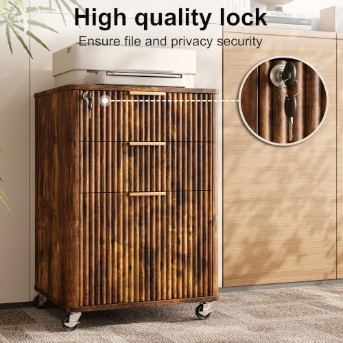 3 Drawers Fluted Mobile File Cabinet with Lock, Rolling File Cabinet Printer Stand Table, Under Desk Wooden Filing Cabinets for Home Office Essentials Storage Organization Furniture Letters/A4(Retro) - Image 5
