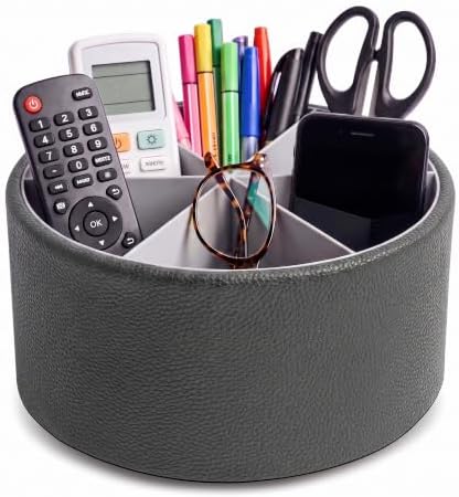 Remote Control Holder, 360°Spinning PU Leather Desk TV Remote Caddy,Desk Storage Box Room Accessories for Controller, Media,Mail,Calculator, Mobile Phone,Pencil(1B-Lichee Black) by Hennaja