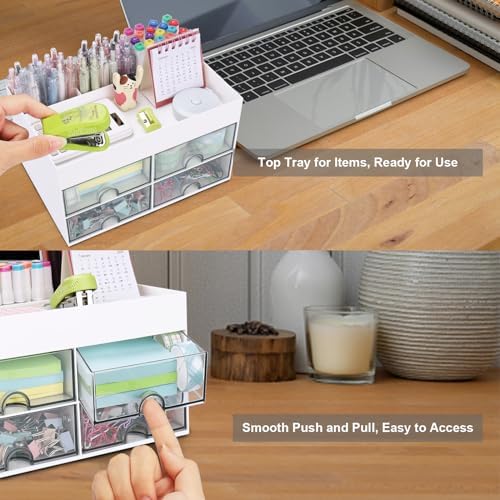 Desk Organizer, Office Organizer with Drawer, Desk Accessories & Workspace Organizers, Pen Holder Office Supplies for Desk (4 Drawers+4 Compartments, White) - Image 6