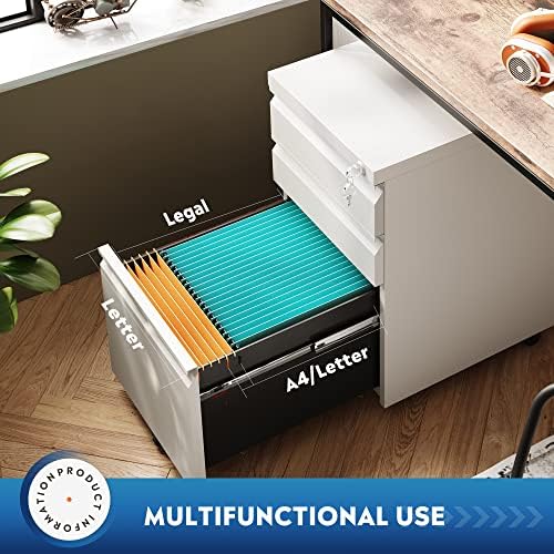 DEVAISE 3 Drawer Mobile File Cabinet with Lock, Metal, White - Image 5