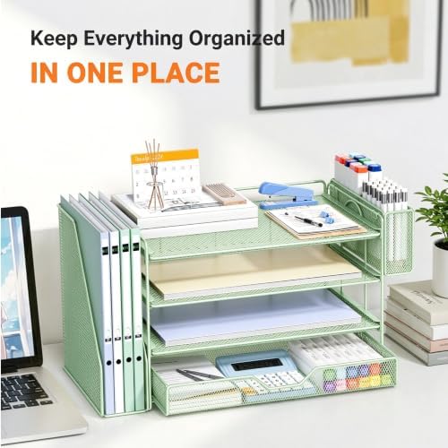4-Tier Desk File Organizer with Drawer & Pen Holder (Green) - Image 5