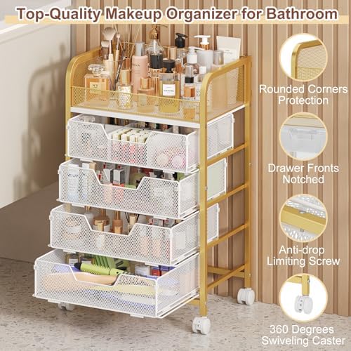Makeup Cart Organizer with 4 Drawers, Large Floor Skincare Organizers, Vanity Storage Organizer Cosmetics Display Cases for Skin Care Perfume Nail Polish, Gold - Image 4