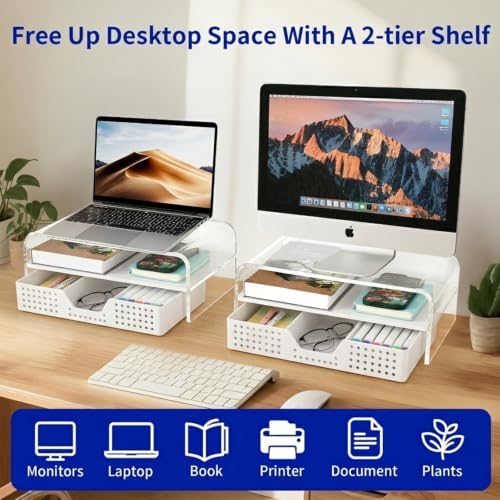 Desk Organizer and Accessories, 2-Tier Computer Monitor Stand Riser with Drawer and 2 Pen Holders, Laptop Stand, Office Desk Accessories for Office Supplies, Transparent - Image 3