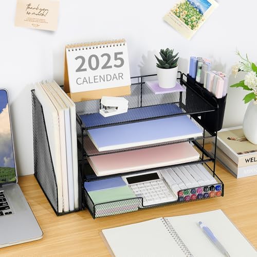 Desk Organizer, 4-Tier Desktop File Organizer with Drawer and Pen Holders, Office Desk Accessories, File Sorters, Workspace Organizers for Office Supplies(Black) - Image 4