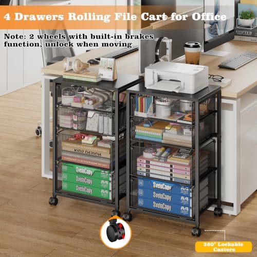 4 Drawers Rolling File Cart with Wheels, Mobile File Cabinet, Black - Image 3