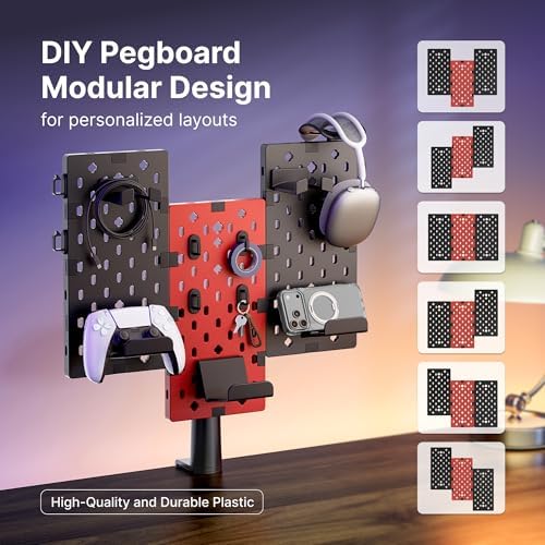 PEGZONE Modular Headphone and Controller Holder for Game, Clamp-on Pegboard, Rotatable Controller Stand with Cable Hooks, Gaming Accessory for Xbox PS5 PS4 Nintendo Switch, 3Pcs Pegboard, Red - Image 2