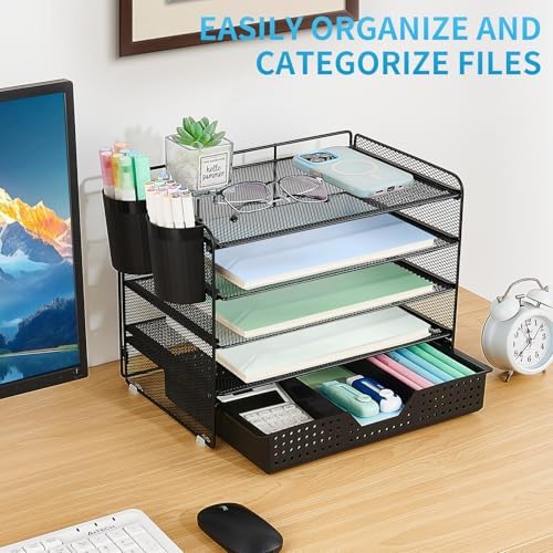 Desk Organizer and Accessories, 5-Tier Paper Letter Tray Organizer with Drawer & 2 Pen Holders for Desktop File Organization, Office Desk Accessories for Supplies Storage (Black) - Image 5